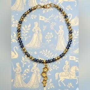Blueberry Multifaceted W/ Gold Metal Balls, And Flower Pendant Choker Necklace